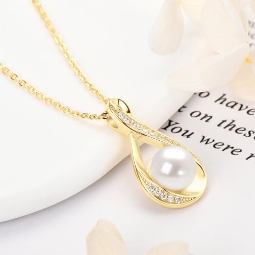 Pearl Necklace for Women, Freshwater Cultured Dainty Gold Single Pearl Pendant Necklace with Moissanite Diamond Wedding Jewelry Gift for Bride Bridesmaid (8mm)