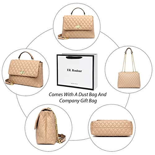 ER.Roulour Chain Shoulder Bag, Quilted Purses for Women, Medium Flap Turnlock Vegan Leather Handbag