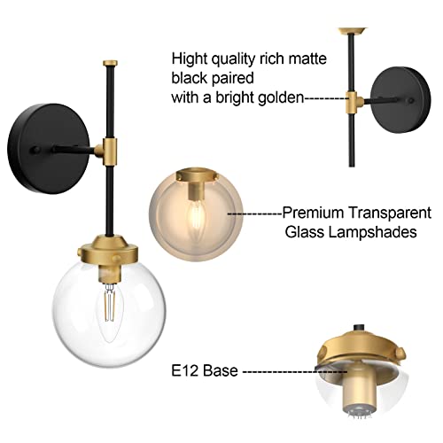Ralbay Black Gold Wall Sconce Indoor Industrial Globe Wall Light Fixture Clear Glass Globe Wall Lamp for Bathroom Kitchen Living Room Vanity Hallway (Exclude Bulb