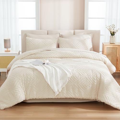 Andency Bed in a Bag Queen Beige- 7 Pieces Queen Comforter Set Beddding Comforter Sets, Tufted Lightweight Fluffy Bed Set with Comforter, Sheets, Pillowcases & Shams for All Season
