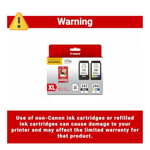 Canon PG-245 XL / CL-246 XL Genuine Ink Value Pack (2 Cartridges) with 50-Sheet Photo Paper, Compatible with iP2820, MG2420/2924/2920/3020/2522/2525, MX492, TS3120/302/302a/202/202a/4520/3320