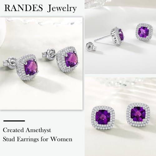 RANDES July Birthstone Earrings 925 Sterling Silver Ruby Earrings Square Created Red Stone Dainty Halo Birthstone Stud Earrings