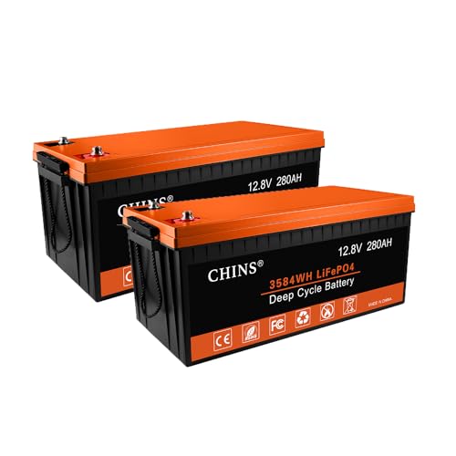 CHINS 2Pack LiFePO4 Battery 12V 280AH Lithium Battery, Built-in 200A BMS, 6000+ Cycles, Includes Low Temperature Cut-off Function, for RV, Off-Grid, Solar Power System, Home Backup, UPS, Marine
