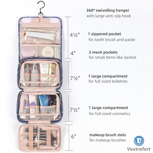 VEXTROFORT Toiletry Bag for Women, Large Hanging Travel Makeup Bag Water-resistant for Toiletries/Cosmetics/Brushes (Blue Floral)