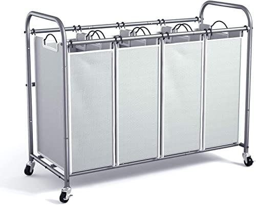ROMOON Laundry Sorter, 4 Compartment Laundry Hamper with Heavy Duty Rolling Lockable Wheels, Laundry Basket Organizer with Removable Bags for Dirty Clothes Storage, Black