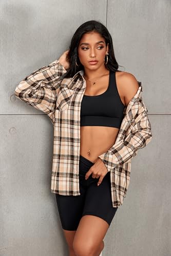 Deer Lady Plaid Flannel Shirts for Women Buffalo Plaid Shirts Oversized Long Sleeve Casual Button Down Blouse Top Brown M 0621
