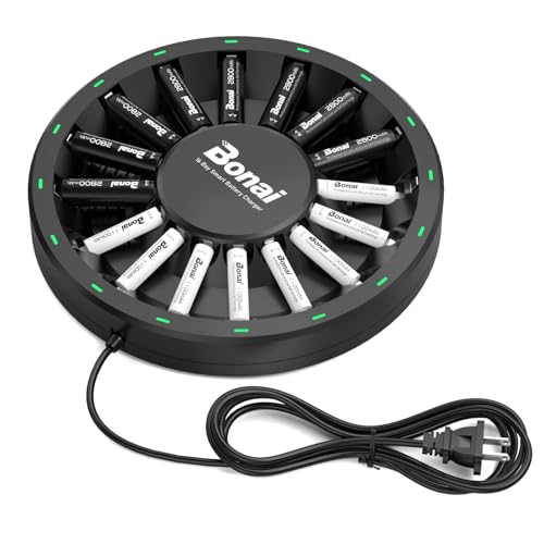 BONAI Rechargeable AA AAA Batteries with Charger, 16-Pack 1.2V NiMH High-Capacity AA (2800mAh) & AAA (1100mAh) Batteries with 16-Bay Smart Battery Charger, Fast Charging & Intelligent Detection