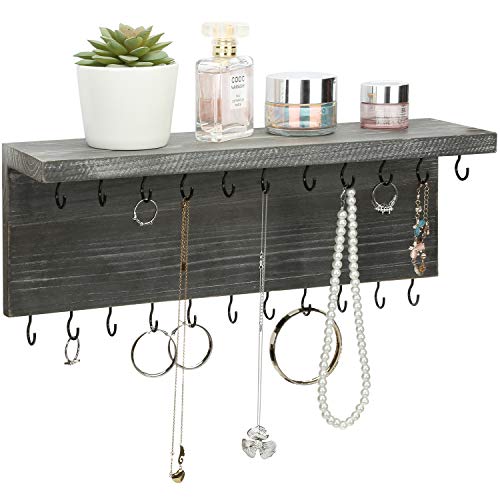 MyGift Hanging Jewelry Organizer, Wall-Mounted Rustic Gray Wood Necklace, Bracelets Display Rack with 26 Hooks and Top Shelf