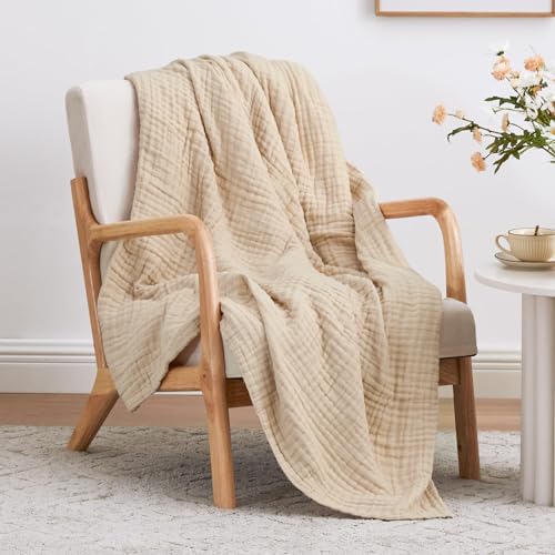 Love's cabin 6 Layer Cotton Muslin Blanket, 50"x60" Throw Muslin Blanket for Couch Bed, Apricot Muslin Throw Blanket, Cotton Gauze Blanket for Adult, Lightweight and Breathable Blanket All Season