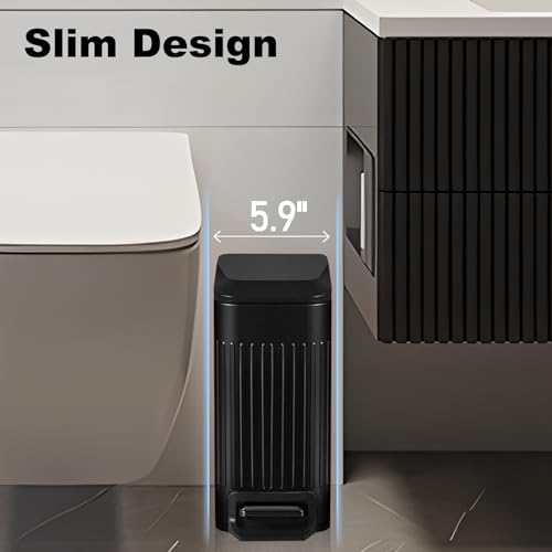 TIPGO Slim Bathroom Trash Can with Lid Soft Close, 6 Liter / 1.6 Gallon Stainless Steel Garbage Can with Removable Inner Bucket, Foot Pedal, Small Trash Cans for Bedroom, Office, Kitchen (Black)
