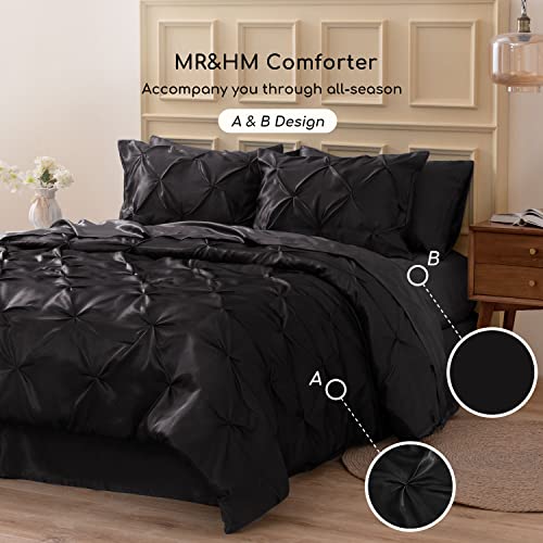 MR&HM Satin Comforter Full 7 Pieces - Luxurious Pinch Pleat Bedding Set with Comforter, Flat Sheet, Fitted Sheet, Pillowcases & Shams, Super Silky Soft Bed Set for All Season (Full, Navy Blue)