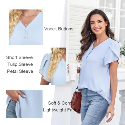HOTGIFT Ladies 2024 Spring Casual Tunics Tops V Neck Ruffle Short Sleeve Shirt Loose Comfy Chiffon Blouse Polka Dots Red Medium