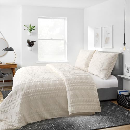 YINFUNG Tufted Duvet Cover Queen Cream Ivory Boho Cotton Beige Shabby Chic Striped Off White Diamonds Poms Textured Embroidery Moroccan Bedding Set Farmhouse Geometric
