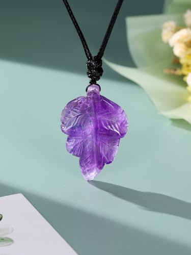 Top Plaza Amethyst Healing Crystal Stone Necklace for Women Men Carved Natural Gemstone Leaf Pendant Necklace Spiritual Jewelry Christmas Gifts