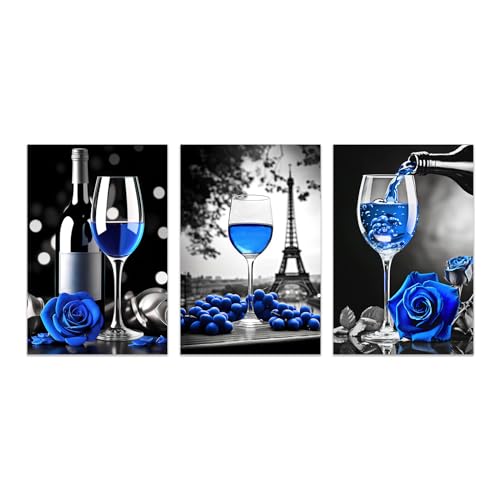 DOARTDO 3 Piece Wine Wall Art Black and White With Blue Kitchen Painting Wine Rose Prints Eiffel Tower Canvas Pictures Dining Room Home Decor (11x14inchx3P, Blue)