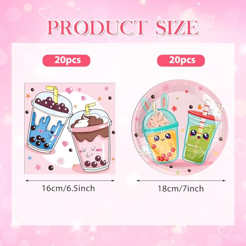 40PCS Boba Tea Party Decorations Boba Party Kit Bubble Tea Birthday Dinnerware Decoration Include Boba Tea Plate Napkins for Girl's Birthday Baby Shower