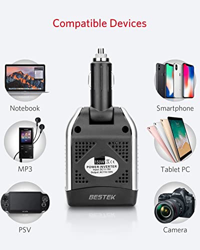BESTEK 150W Power Inverter 12V to 110V Voltage Converter Car Charger Power Adapter with 2 USB Charging Ports (3.1A Shared) (150W)