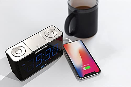 Emerson CKS1507 Smartset Radio Alarm Clock, 1.4" Blue LED Digital Display, USB Charging Port, Brightness Dimmer Controls, Bluetooth Connectivity, Set Alarm to Radio, Music, or Buzzer, Black