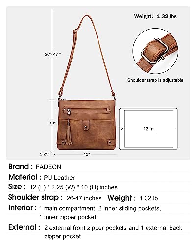 FADEON Large Crossbody Bags Purses for Women Crossbody Bag, Designer Leather Cross Body Purse Multi Pocket Shoulder Bag Brown