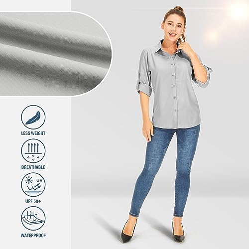 Women's Long Sleeve Safari clothes UPF 50+ Hiking Fishing shirts,Sun Protection Quick Dry Light Cooling Shirts(5019 White XS)