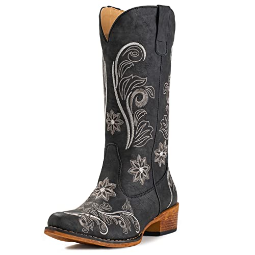 IUV Cowboy Boots For Women Mid Calf Western Boots Cowgirl Pull-On Tabs Pointy Toe Boot