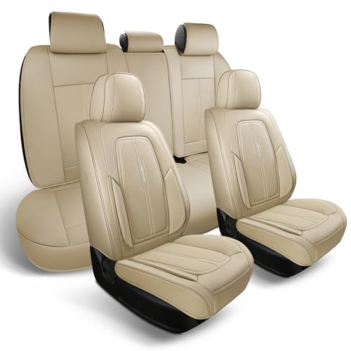 GEEMAYTEK Car Seat Cover Front Seat, Leather Seat Cover for Cars, 2Pcs Waterproof Beige Seat Cover Car Seat Protector Cushions Universal Fit for Most Cars & SUV Trucks