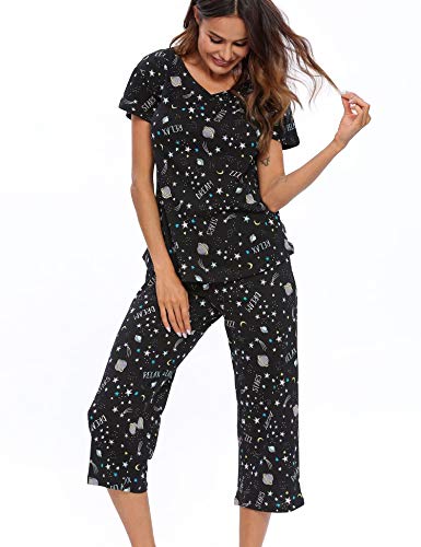ENJOYNIGHT Womens Pajama Sets Cotton Pj Set Short Sleeve Top With Capri Pants Sleepwear 2 Piece Lounge Set (Medium,Wine Red)