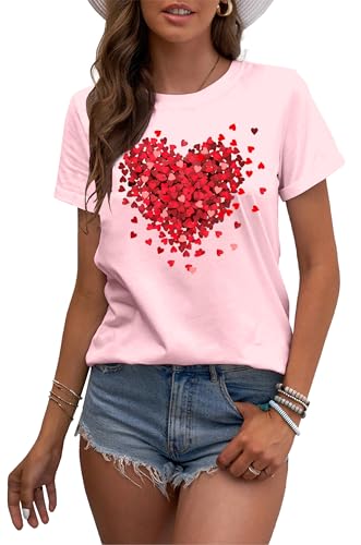 MAIHUN Womens Valentine's Day Shirts Cute Love Heart Tshirts Funny Teen Girl's Valentines Short Sleeve Pink