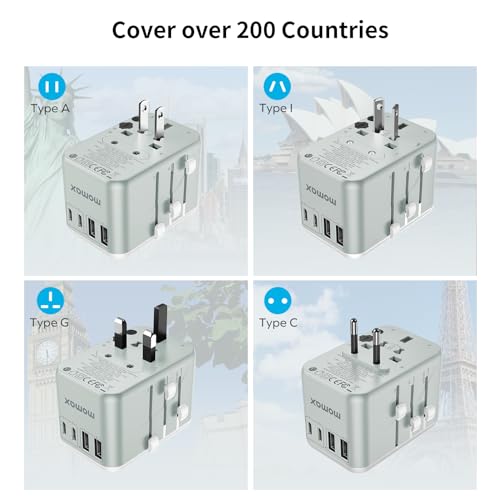MOMAX Universal Travel Adapter, 70W GaN International Power Adapter, 3 USB-C & 2 USB-A, Worldwide Travel Plug Adapter, International Power Adapter for Most Europe, USA, Japan, Australia (Type C/A/G/I)