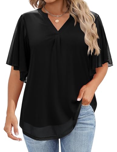 IN'VOLAND Plus Size Short Sleeve Blouses Womens Double Layers Mesh V Neck Tunic Dressy Casual Flowy Stretchy Work Tops Black 18W