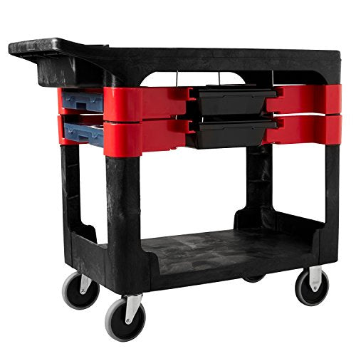 Rubbermaid Commercial Products Trades Tool Utility Cart Mobile Work Station With 2 Parts Boxes and 4 Parts Bins 330 lb. Capacity 5" Casters Black for Warehouse/Garage/Cleaning/Maintenance