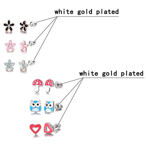 30 Pairs Stainless Steel Mixed Color Cute Animals Fox Heart Star Ladybug Bee Frog Mushroom Tree Daisy Umbrella Rose Gold White Pearl CZ Jewelry Stud Earrings Set (animal tree pearl)