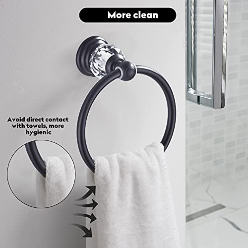 WINCASE Crystal Towel Ring, Black Hand Towel Holder, Bathroom Round Towel Hanger Racks Wall Mount Matte Black