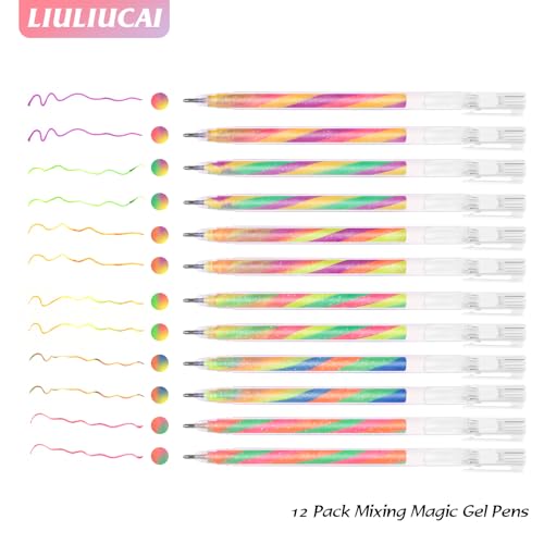 LIULIUCAI 12 Pack Mixing of 3 Colors Rainbow Gel Pens Color Changing Ballpoint Pen Glitter Pen Set for Adults Coloring Books Drawing Doodling Scrapbooking Notes