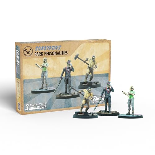 Modiphius: Fallout: Wasteland Warfare - Survivors Park Personalities - 3 Miniatures, 32mm Multi-Part Resin Unpainted Figures, RPG, Scenic Bases