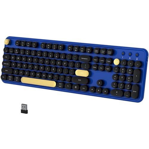 COVEVA Colorful Wireless Bluetooth Keyboard, 2.4G & Dual Bluetooth Multi-Device Keyboard, Typewriter Retro Round Keycaps 104 Keys Full-Size Keyboard for PC Laptop Tablet Phone (Black-Blue)
