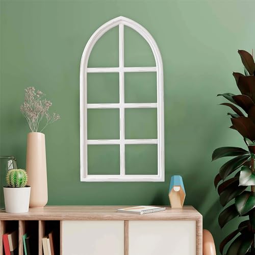 Sintosin Farmhouse Arch Window Frame Wall Decor 18 X 36 Inches, Hanging Distressed White Rustic Wooden Window Frames for Wall Decor, Cathedral Faux Window for Wall Art Living Room Hallway Entryway