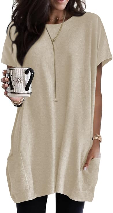 Womens Dressy Tops Peasant Short Sleeve Tunic T Shirts with Pockets Oversized Floral Print Ladies Tops and Blouses to Wear with Leggings Casual Outfits Business Blue M
