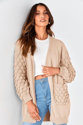 PRETTYGARDEN Women's Cardigan Sweaters Fall Clothes Open Front Cable Knit Oversized Winter Coats Outerwear (Beige,Small)