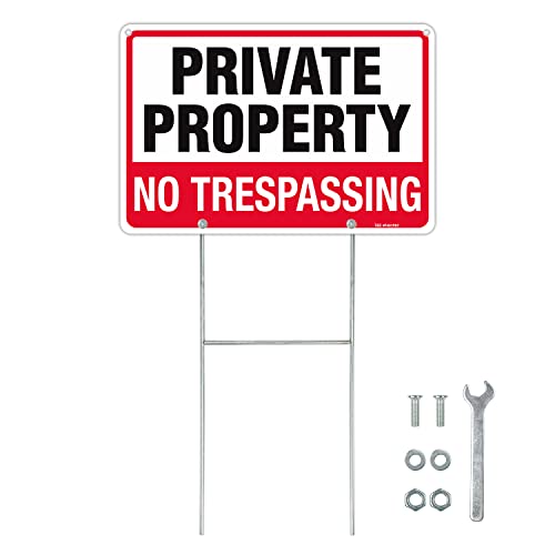 T&R No Trespassing Sign Private Property Sign with H Stake for Outside,1 Pack,12"x8" .040 Rust Free Heavy Aluminum, Waterproof,Includes Matching Screws & Wrench, Easy to Mount