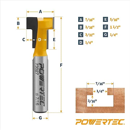 POWERTEC 72091 T Track Knob Kit with T Slot Router Bit, 1/4-20 x 1-1/2" Hex Bolts, Washers, Knobs and Carbide Tipped Router Bit 7/16" Dia. x 3/16" H x 1/4" Shank, T Track Accessories