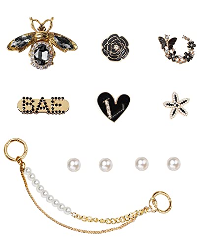 ZOKUZO Bling Croc Charms Accessories Gold Cute Designer Girly Pearl Crock Pins Jewels Gems Chains Shoe Decorations Charms Jewelry for Women Adults Black Girl Teens Gifts Bubble Slides