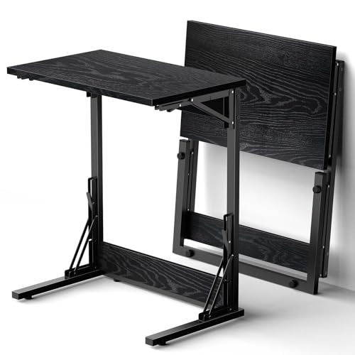 Tatub 24" Folding C Shaped End Table, Small Sofa Side Laptop Desk, Couch TV Tray Table for Living Room, Bedroom, Dark Black