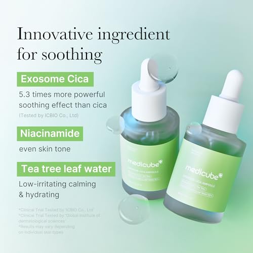 Medicube Exosome Cica Tea Tree Ampoule for Sensitive Skin with Centella Asiatica help reduce redness and breakouts. Low-irritating, Moisturizing & Soothing Serum | Korean Skincare | 30ml