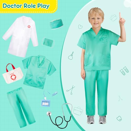 Meland Doctor Costume for Kids - Kids Scrubs with Lab Coat & Carry Bag, Doctor Dress Up for Halloween, Career Day Role Play(Green,3-4 Years)