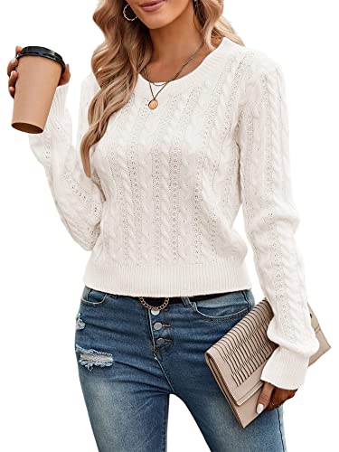ZAFUL Women's Cable Cropped Long Sleeve Sweater Crewneck Pullover Knit Jumper Top (1-Light Blue, L)