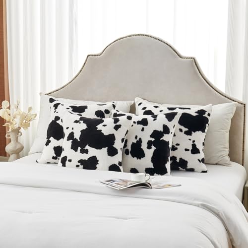 SOCHOW Decorative Throw Pillow Covers 18x18 Inches Set of 2, Soft Cow Print Flannel Fleece Pillowcase Square Cushion Covers for Sofa Couch Bed, Black/White