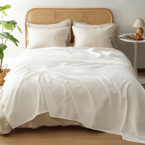PHF Ultra Soft Waffle Weave Blanket Twin Size for Bed, Lightweight and Breathable Thin Blanket for Summer - 60"x 80" Soft Woven and Cozy Blanket for Couch Sofa Home Decor - Coconut White