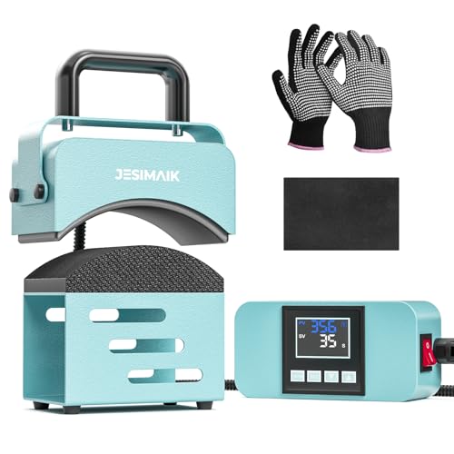 JESIMAIK Hat Press, Heat Press Machine for Caps & Patches, Heat Resistant Glove&Pad Included, Metal Body, Curved Heating Plate, No Crease, Temperature&Timer Control, Mini Easy Hat Press - Lake Blue