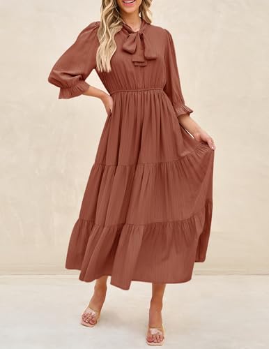 ZESICA Women's Casual Half Sleeve Tie V Neck Elastic High Waist Solid Color Flowy Tiered A Line Beach Party Maxi Dress,Apricot,Small